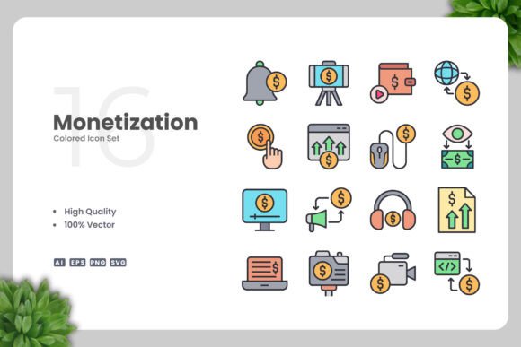 Monetization Colored Icons for Modern Design Projects